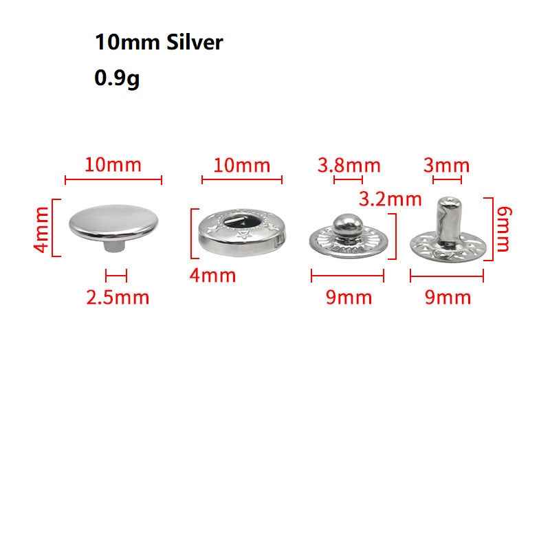 10mm Silver snap buttons, round cap and snap post with labeled dimensions and weight