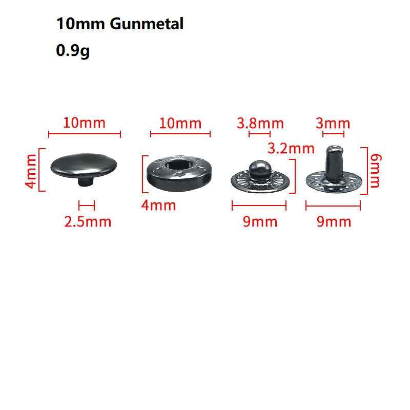 10mm Gunmetal snap buttons, round cap and snap post with labeled dimensions and weight