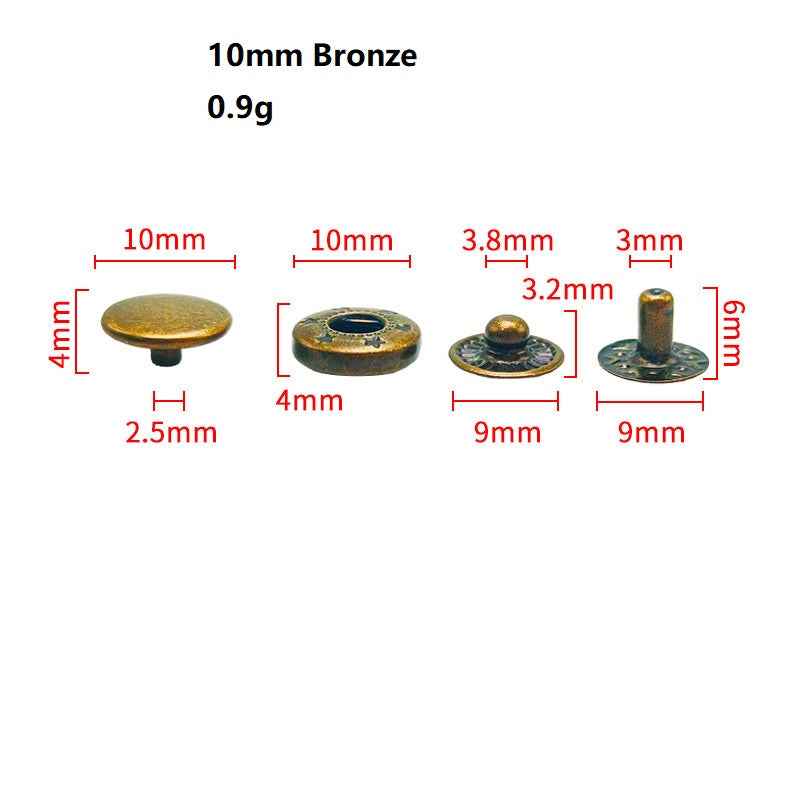 10mm Bronze snap buttons, round cap and snap post with labeled dimensions and weight