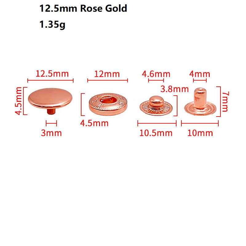 12.5mm Rose Gold snap buttons, cap and post with labeled measurements