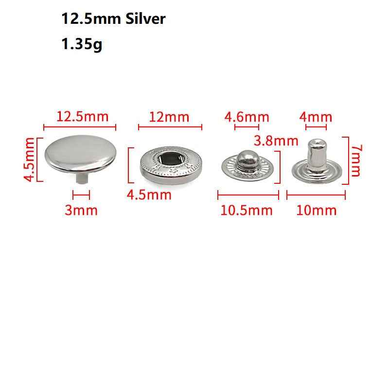 12.5mm silberfarbene Snap-Druckknöpfe aus Edelstahl, flache Front und Stift
