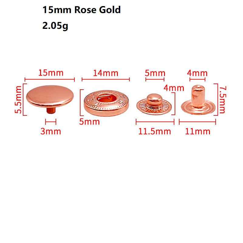 15mm roségoldene Snap-Druckknöpfe aus Edelstahl, flache Front und Stift