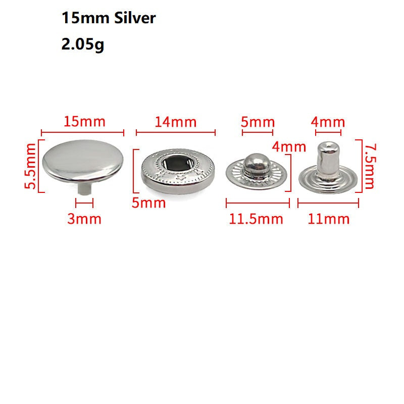 15mm silberfarbene Snap-Druckknöpfe aus Edelstahl, flache Front und Stift