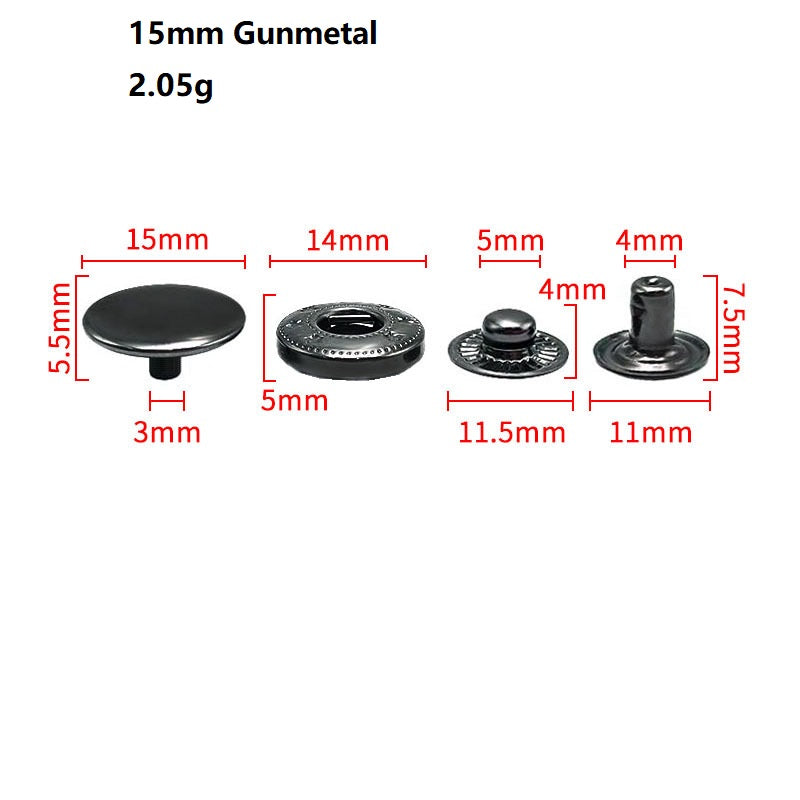 15mm gunmetal Snap-Druckknöpfe aus Edelstahl, flache Front und Stift