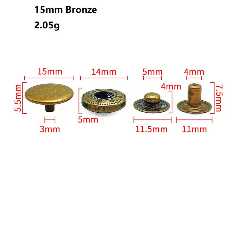 15mm bronzefarbene Snap-Druckknöpfe aus Edelstahl, flache Front und Stift