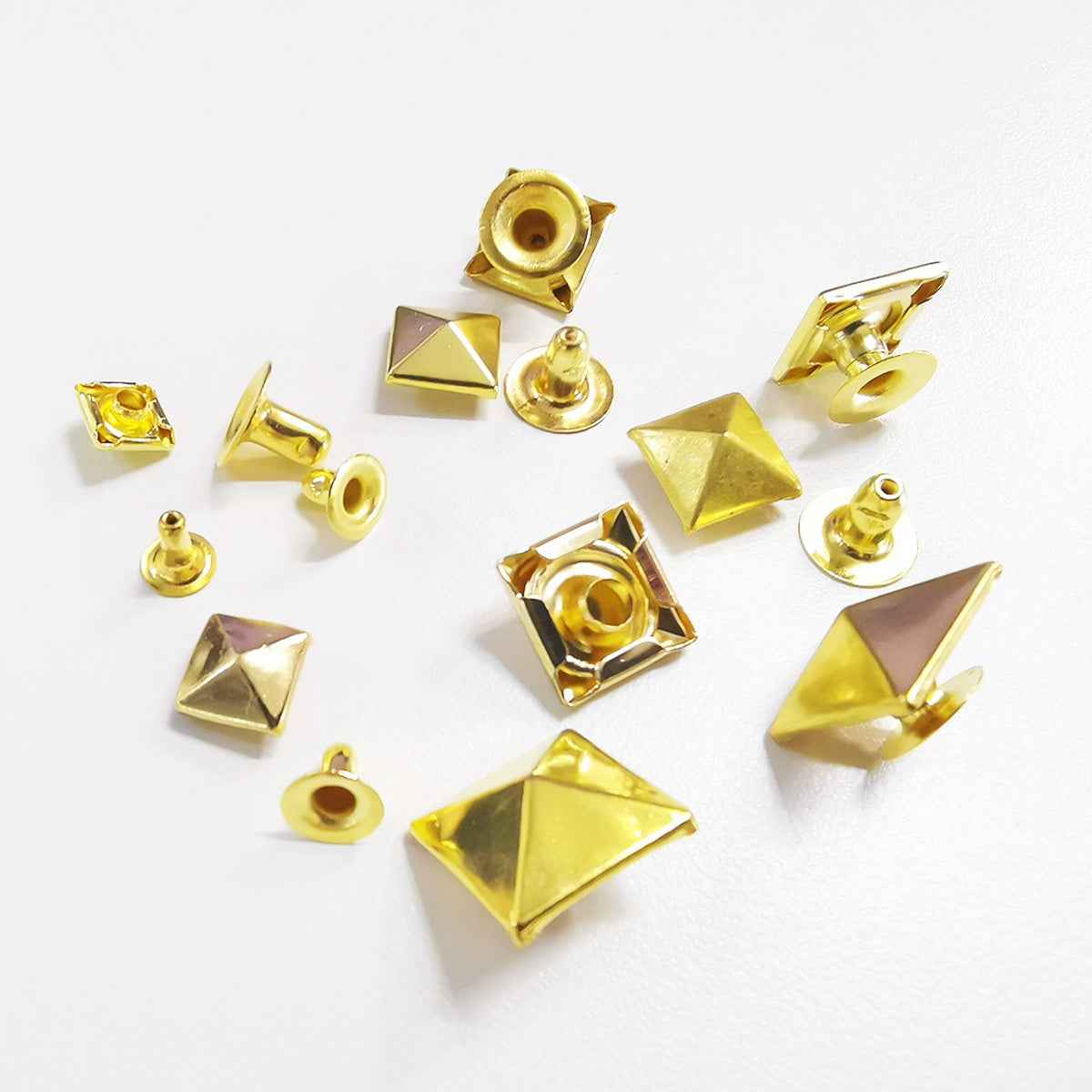 Gold brass pyramid stud rivet buttons set, square backs and spike tops