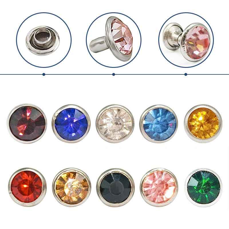 Strass-Nieten, silberfarbene Fassung mit runden Steinen in mehreren Farben (rosa, blau, rot, grün)
