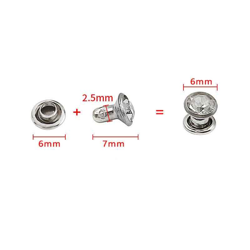 Größenansicht Strass-Niete: Unterteil 6mm, Stift 7mm, Rückseite mit 6mm Kopfmaß (Schema)