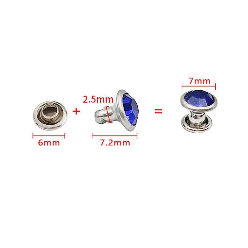 Größenansicht Strass-Niete: Unterteil 6mm, Stift 7,2mm, Kopf 7mm (blauer Stein, Schema)