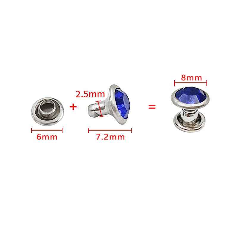 Größenansicht Strass-Niete: Unterteil 6mm, Stift 7,2mm, Kopf 8mm (blauer Stein, Schema)