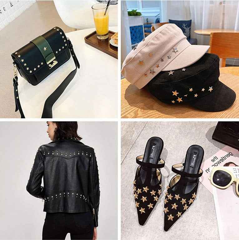 Star rivet screws used as decoration on a bag, hat and jacket with star studs