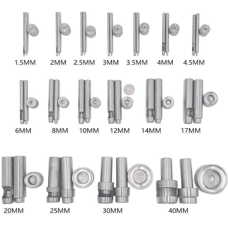 Grommet setter hollow punch dies set, sizes 1.5–4.5 mm with circular eyelet heads
