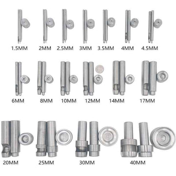 Grommet setter hollow punch dies set, sizes 1.5–4.5 mm with circular eyelet heads