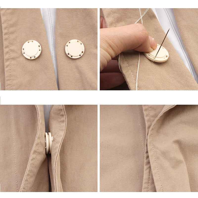 Beige magnetische Rundknöpfe mit Lochrand für Verschluss an Mantelstoff, per Hand befestigt