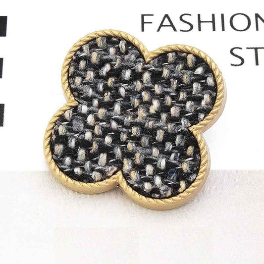 25mm floral fabric-covered button, dark black plaid pattern, textured metal shank