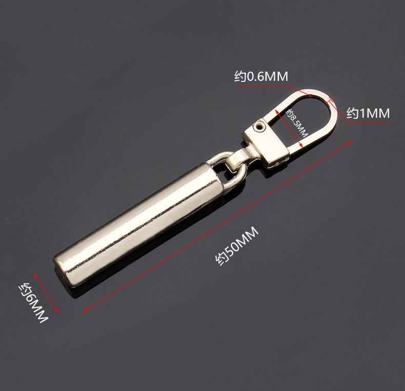 Slim detachable metal zipper pull, 50x6mm; loop handle and attached mounting bar
