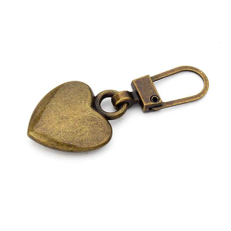 Bronze heart zipper pull, detachable metal clip pull tab