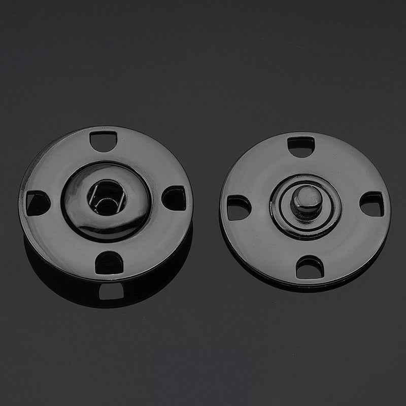 Gun black metal hidden snap buttons, round disc with 4 notches and center snap posts