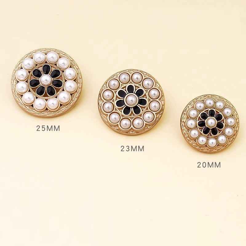 Luxury pearl flower alloy buttons with sizes 25mm, 23mm, 20mm; gold-tone and black center