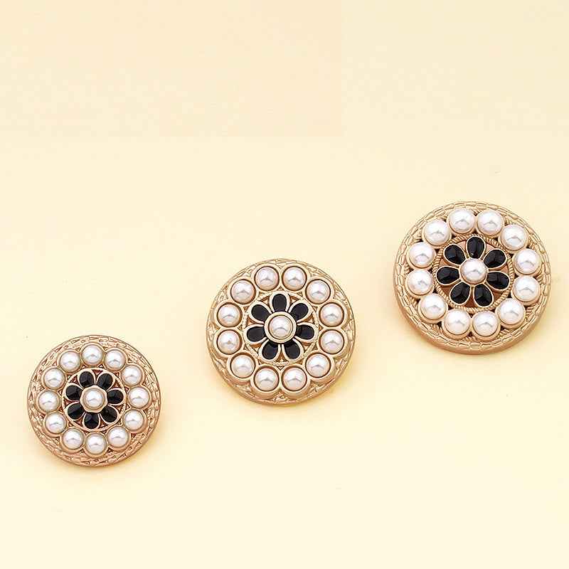 Luxury pearl flower alloy buttons, gold-tone with black center flower and white pearls (set of 3)