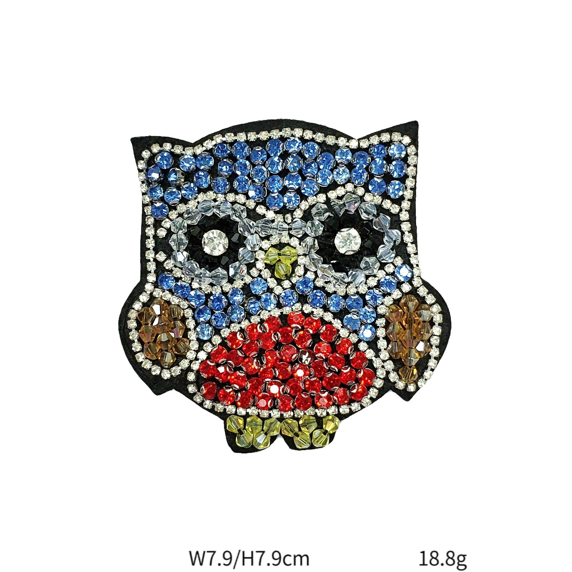 Beaded owl fabric patch in blue, black, red, with multicolor rhinestone eyes
