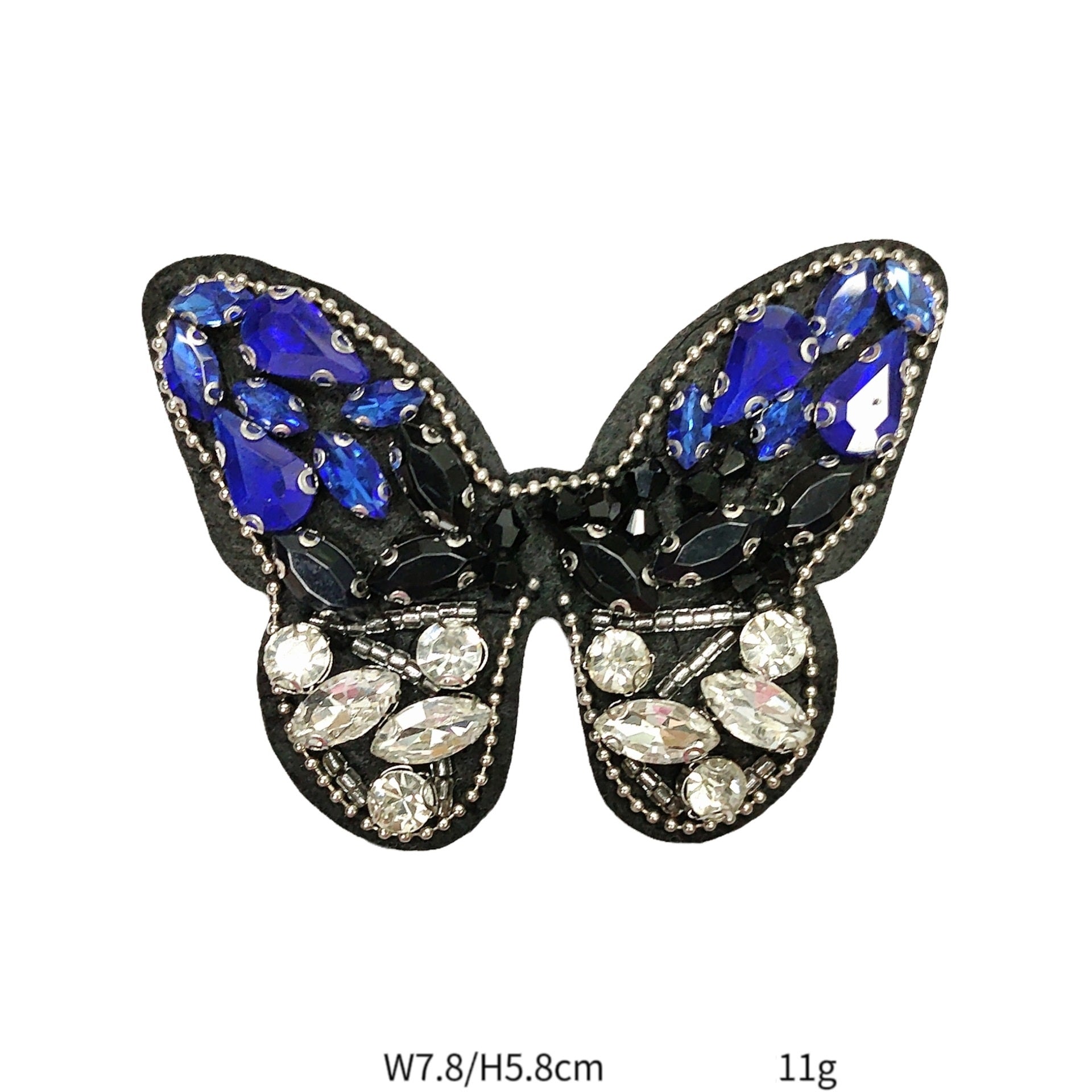 Beaded bowtie fabric patch, black base with blue stones and silver rhinestones