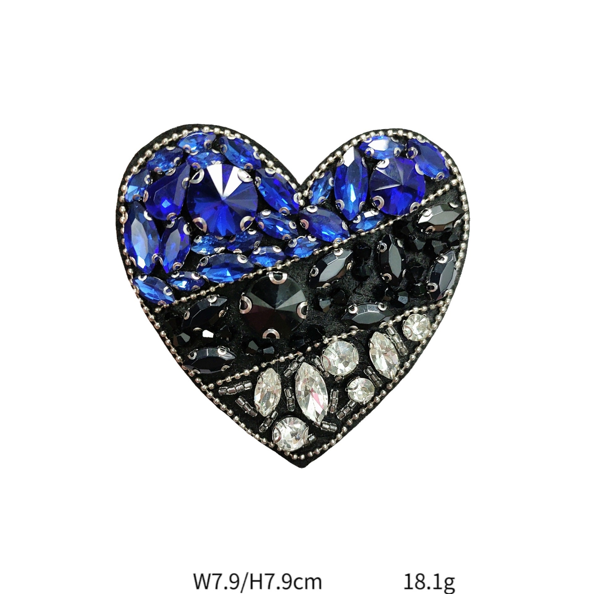 Beaded heart fabric patch, blue gems and black accents with silver crystal details