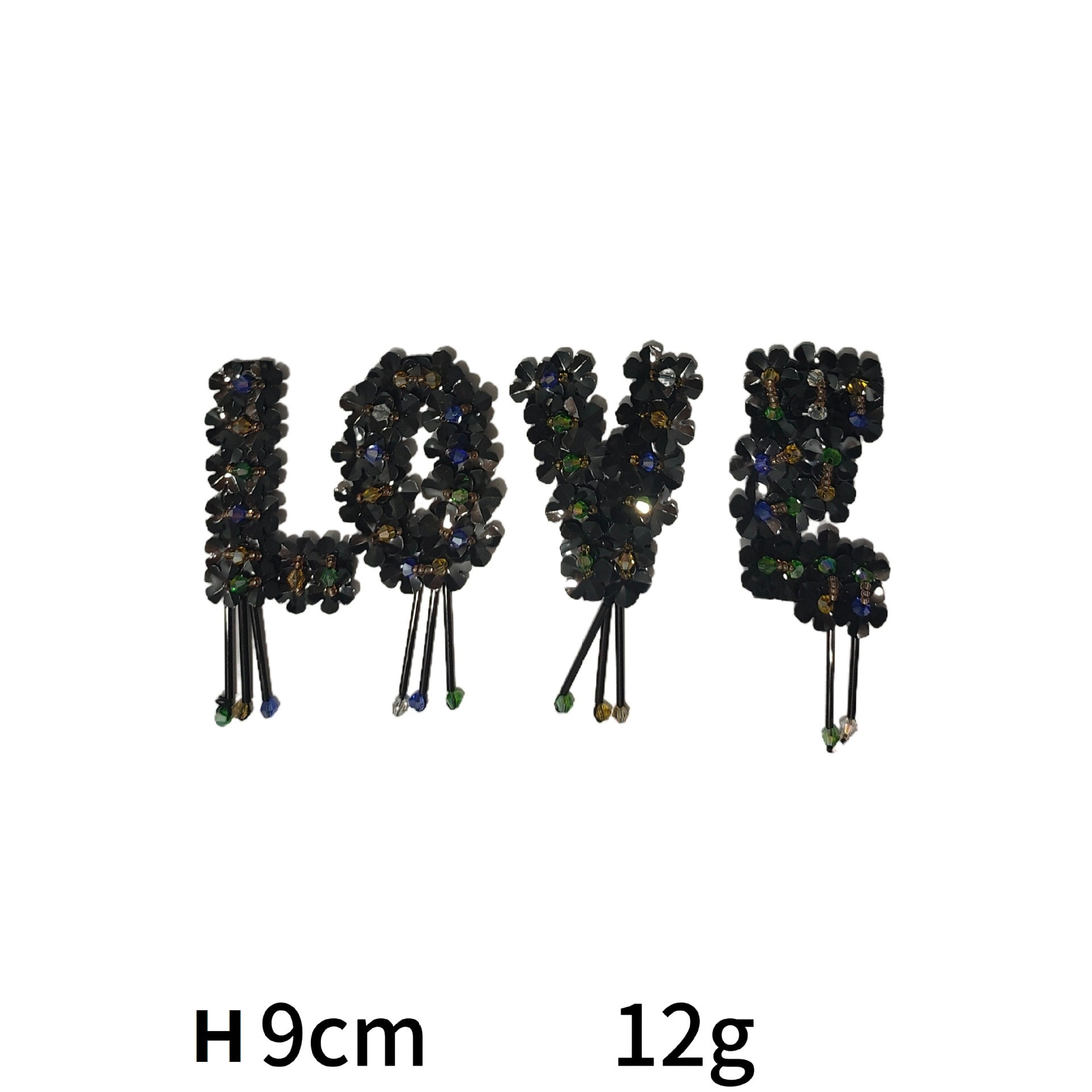 Dark sequin and crystal letter patches, 6-pack with rhinestone accents and beaded edges