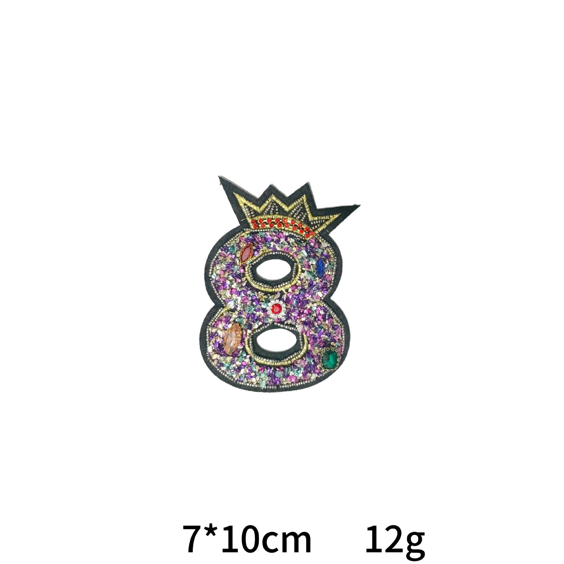 Colorful sequin and crystal letter patch shaped like 8, with crown and bead details