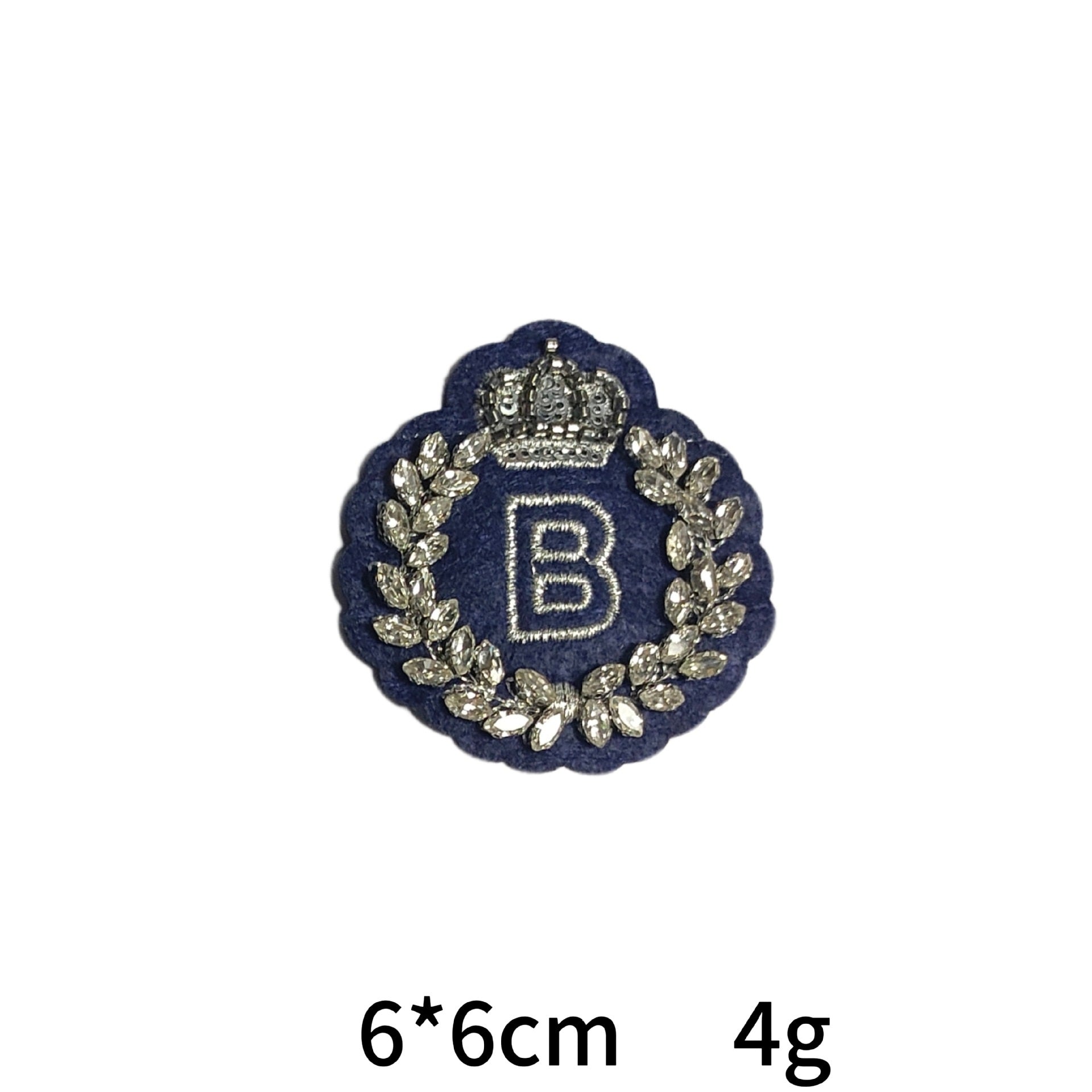 Navy blue sequin and crystal letter patch with ornate frame and crown, letter B-style