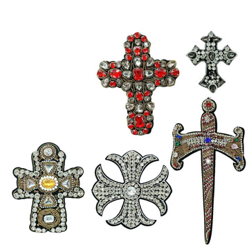 Beaded cross appliqués: red & clear rhinestones on dark fabric, 5-pack set
