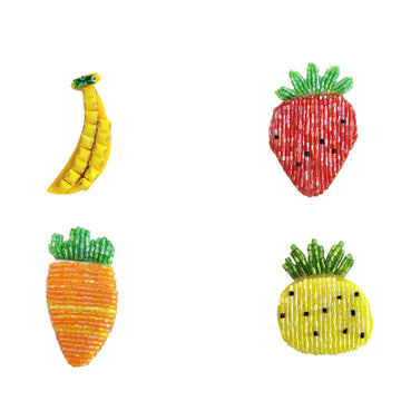 Set of 4 beaded fruit hairpins: banana, strawberry, carrot, lemon
