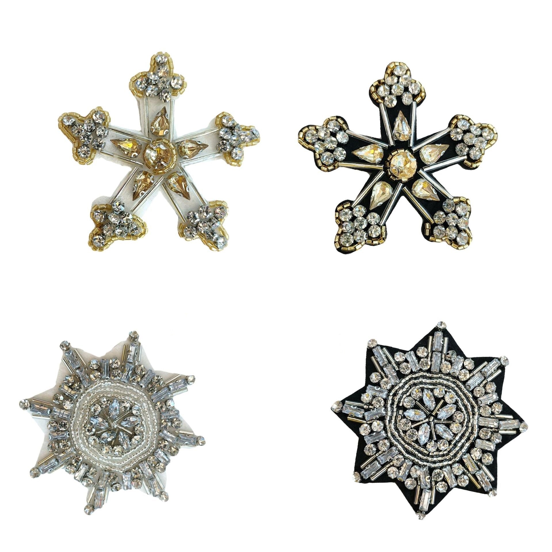Snowflake star applique patch with gold-tone crystals on octagonal base