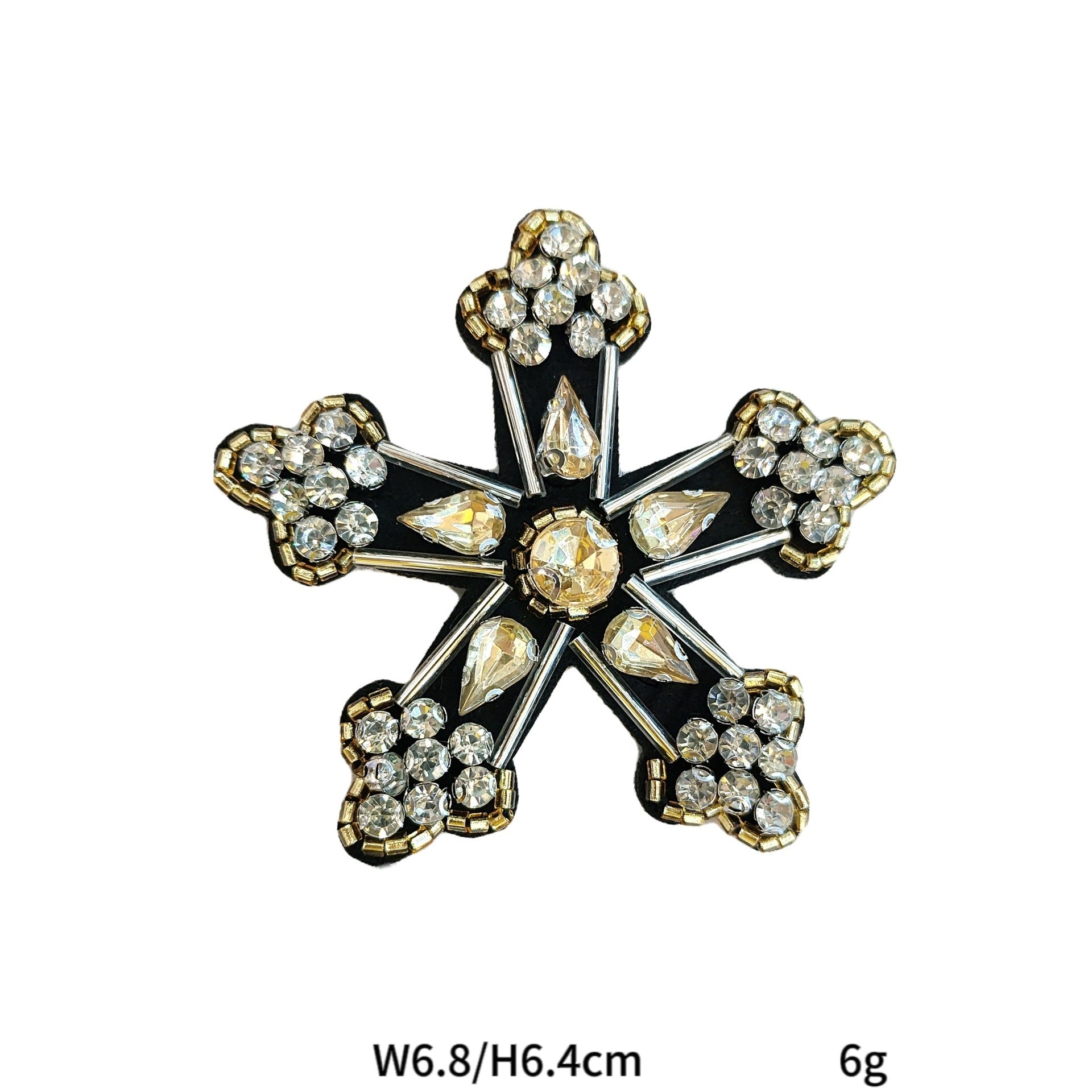 Black-backed octagonal star snowflake applique with silver crystals and rhinestones
