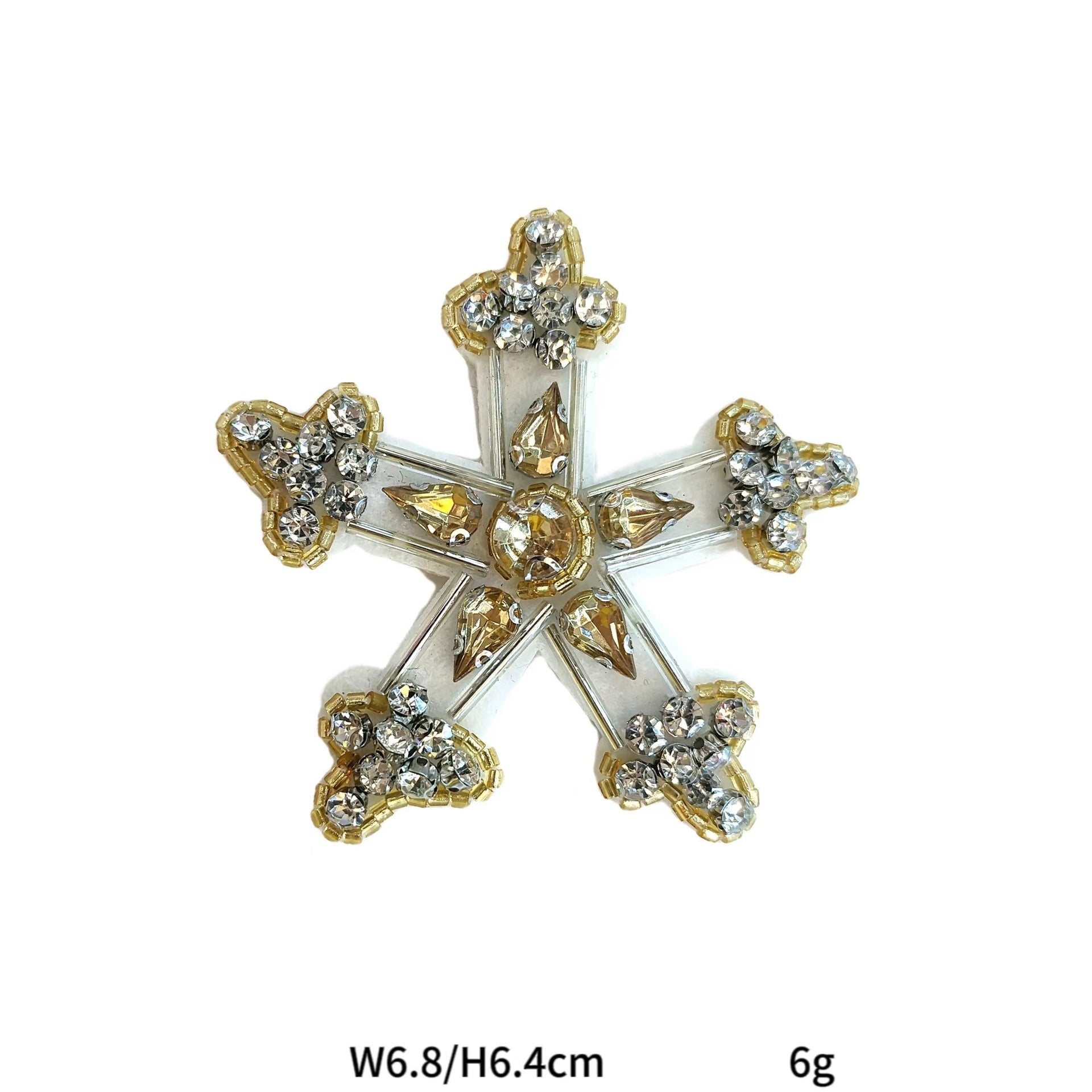 Gold-tone octagonal snowflake star applique patch with clear rhinestone accents
