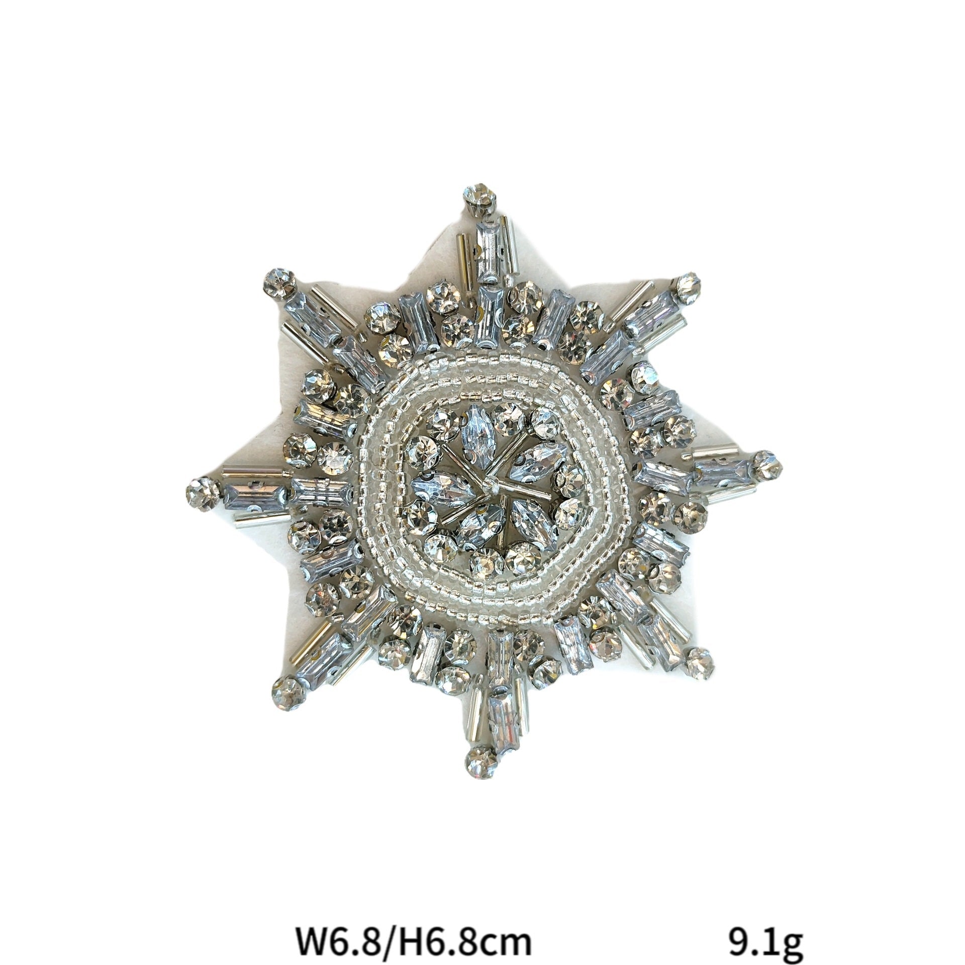 Silver-tone octagonal star snowflake applique patch with clear rhinestones and fringe