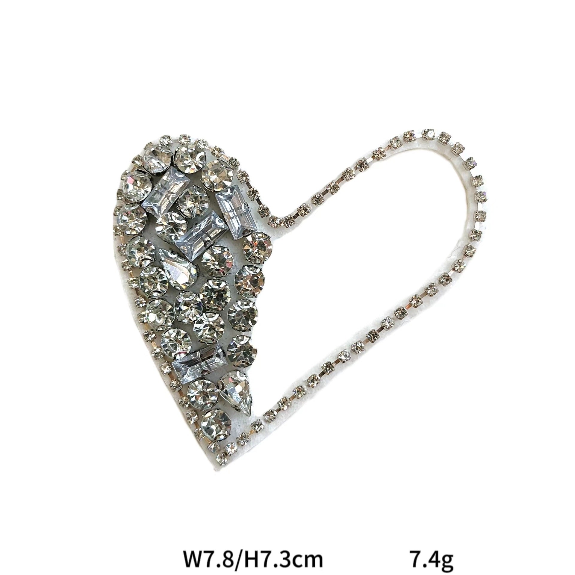 Silver beaded heart fabric patch with clear stones and faceted crystal details
