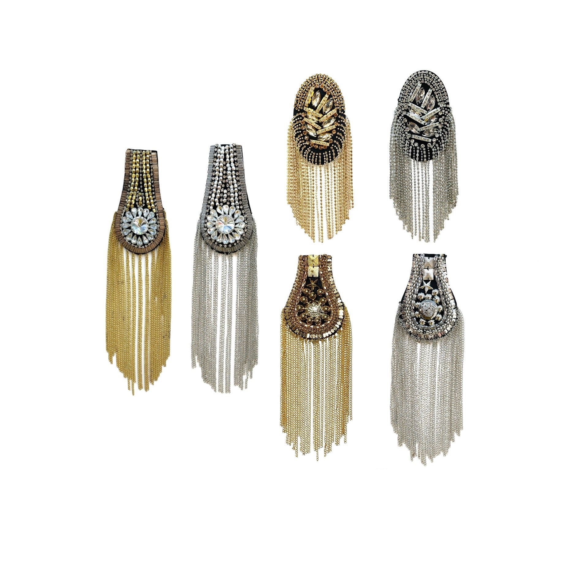 Gold, silver and crystal beaded shoulder patches set of 6, with hanging fringe