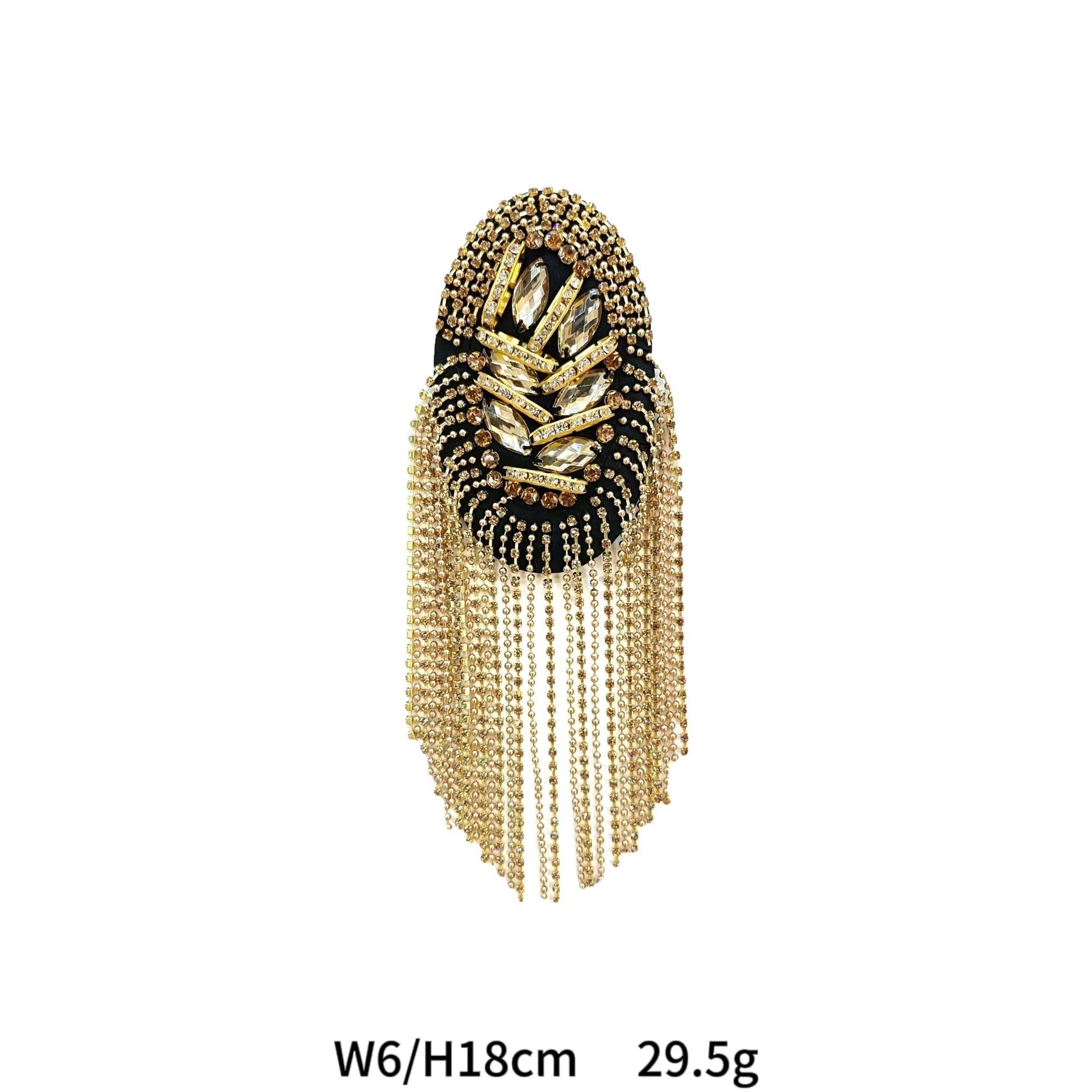 Gold crystal shoulder patch with dark beaded top panel and long hanging strands