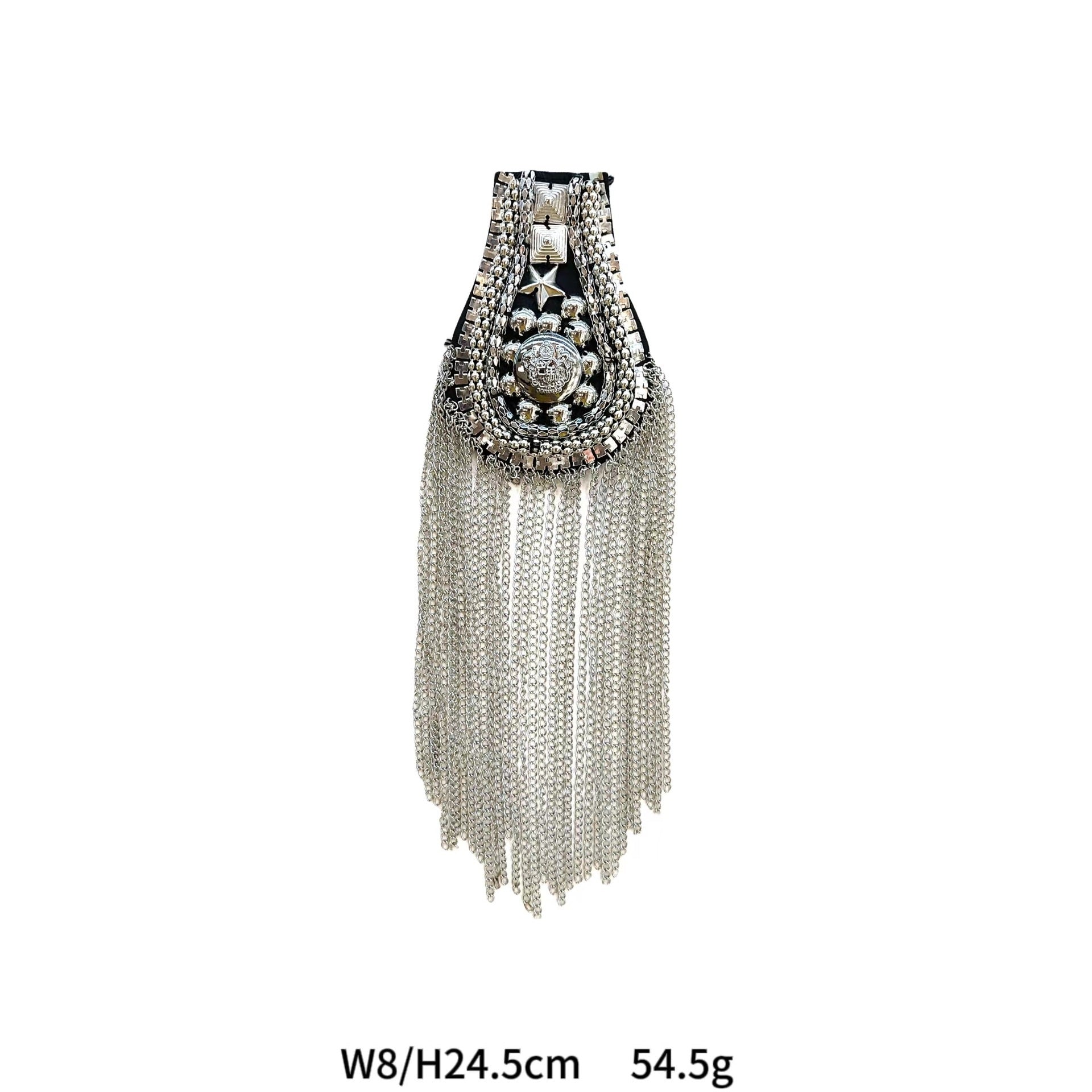 Silver crystal beaded shoulder patch with circular center ornament and hanging chains