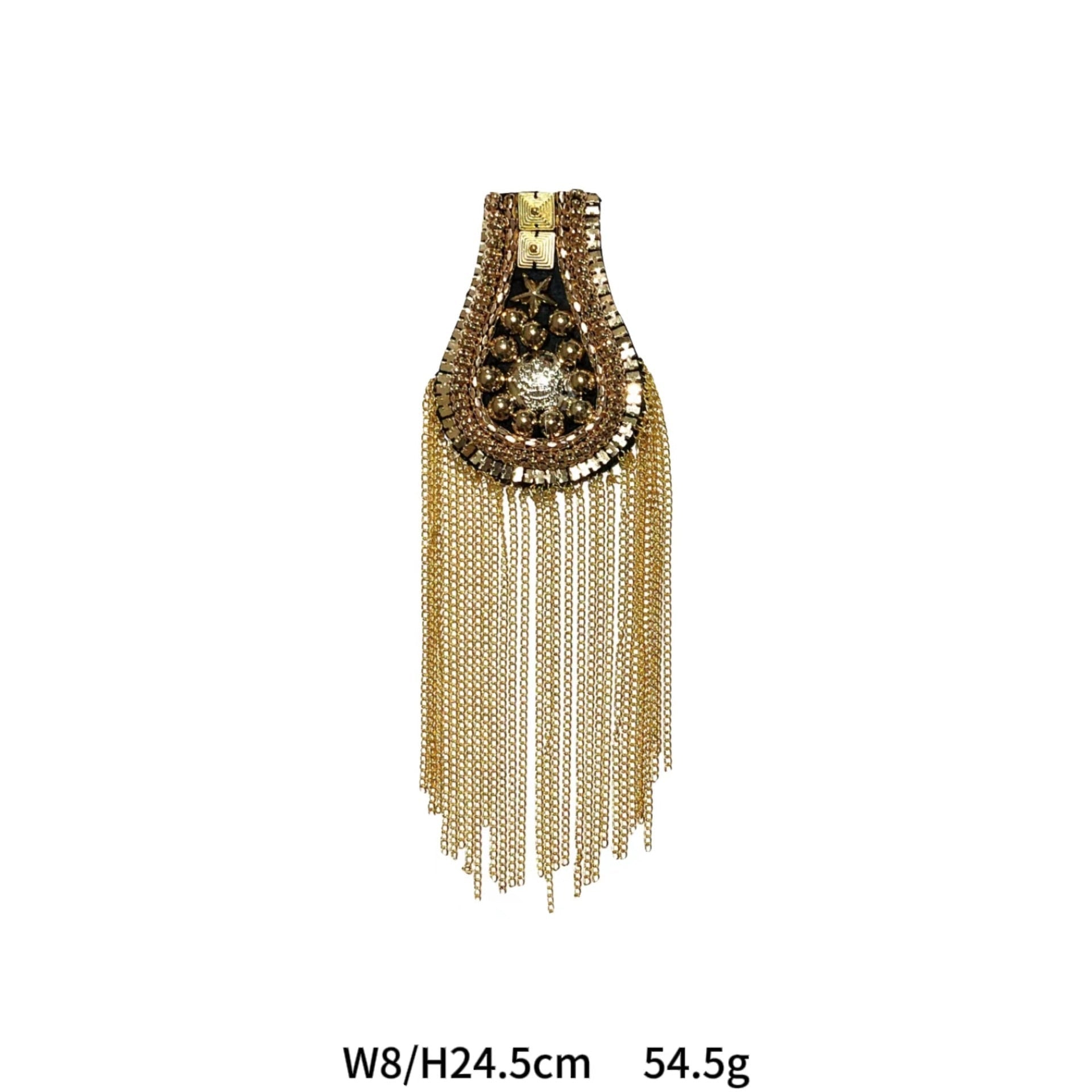 Gold beaded shoulder patch with dark center motif and long hanging chain fringe