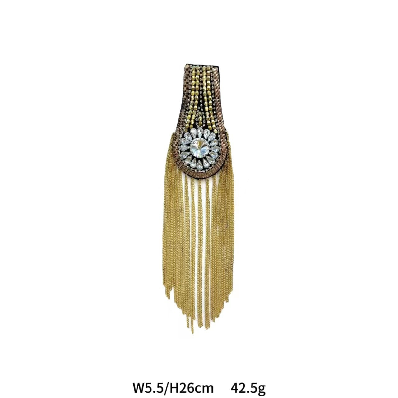 Gold beaded shoulder patch with dark top panel and large crystal flower centerpiece