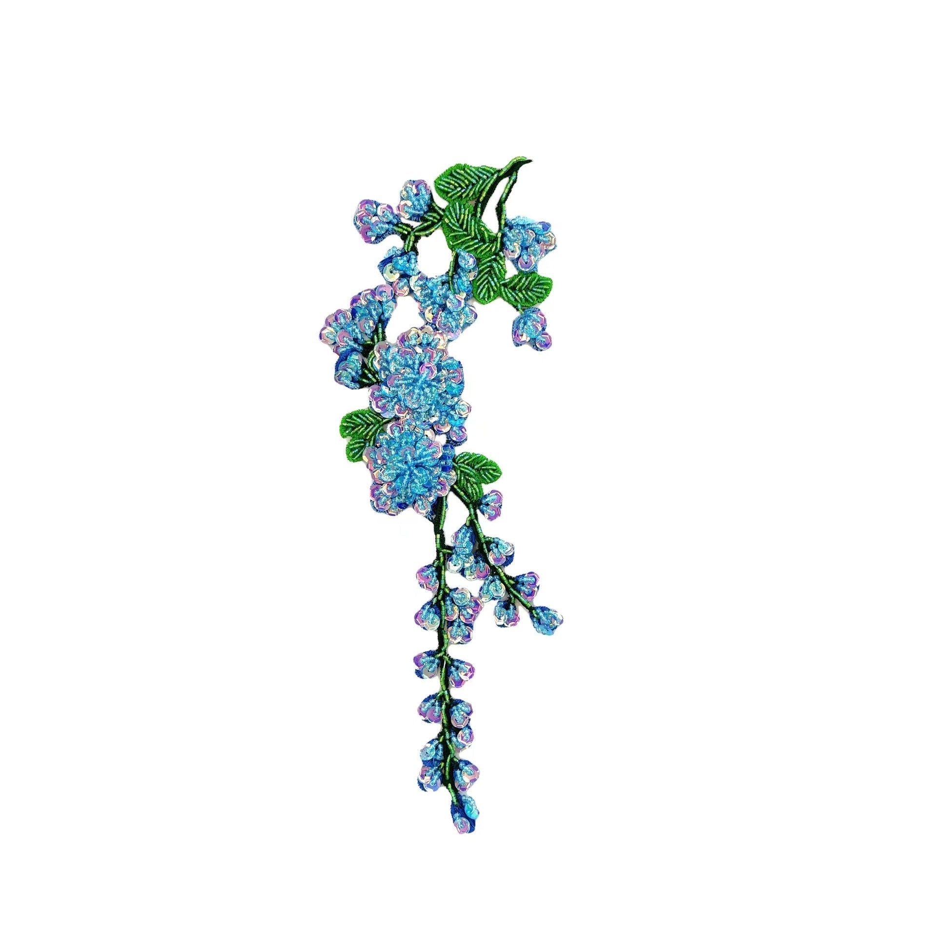 Blue plum blossom embroidered applique with green leaves and dangling flower clusters
