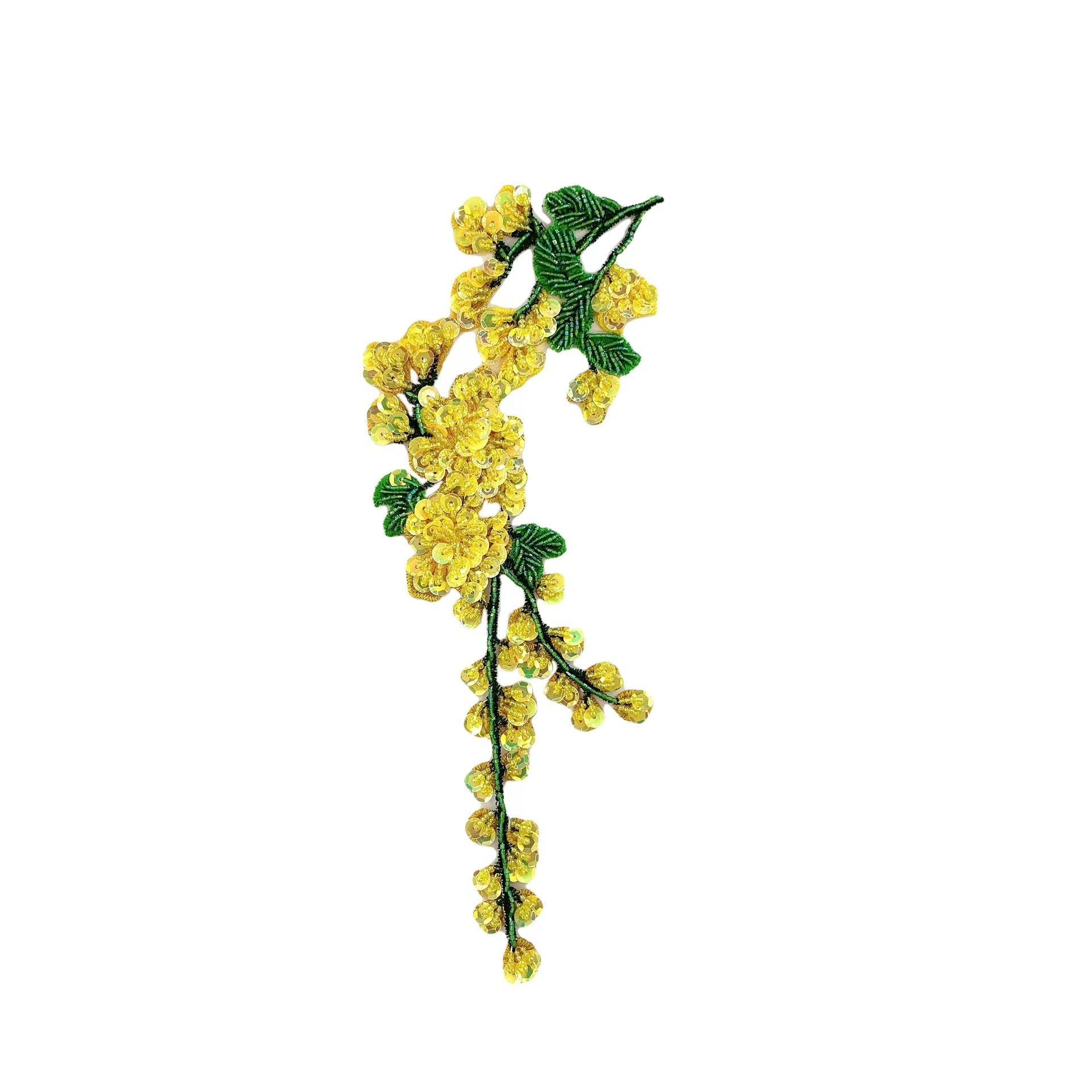 Yellow plum blossom embroidered applique with green leaves and small dangling flower clusters