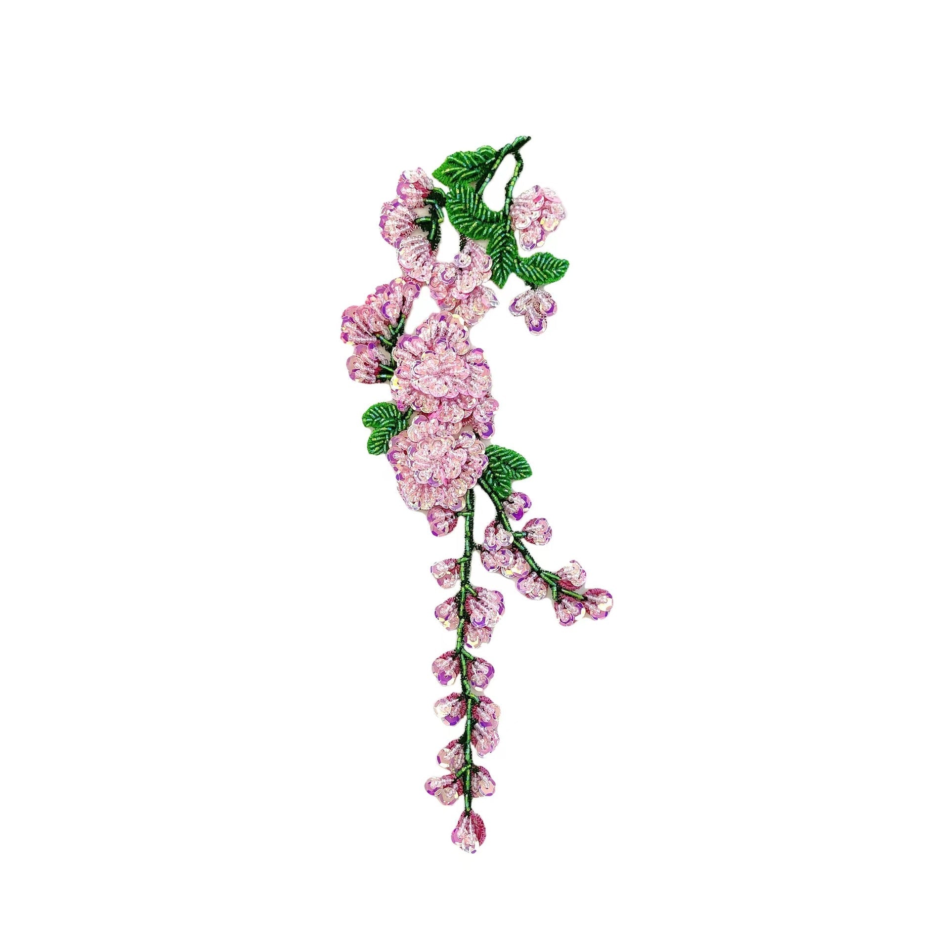 Pink plum blossom embroidered applique with green leaves and dangling vine flowers
