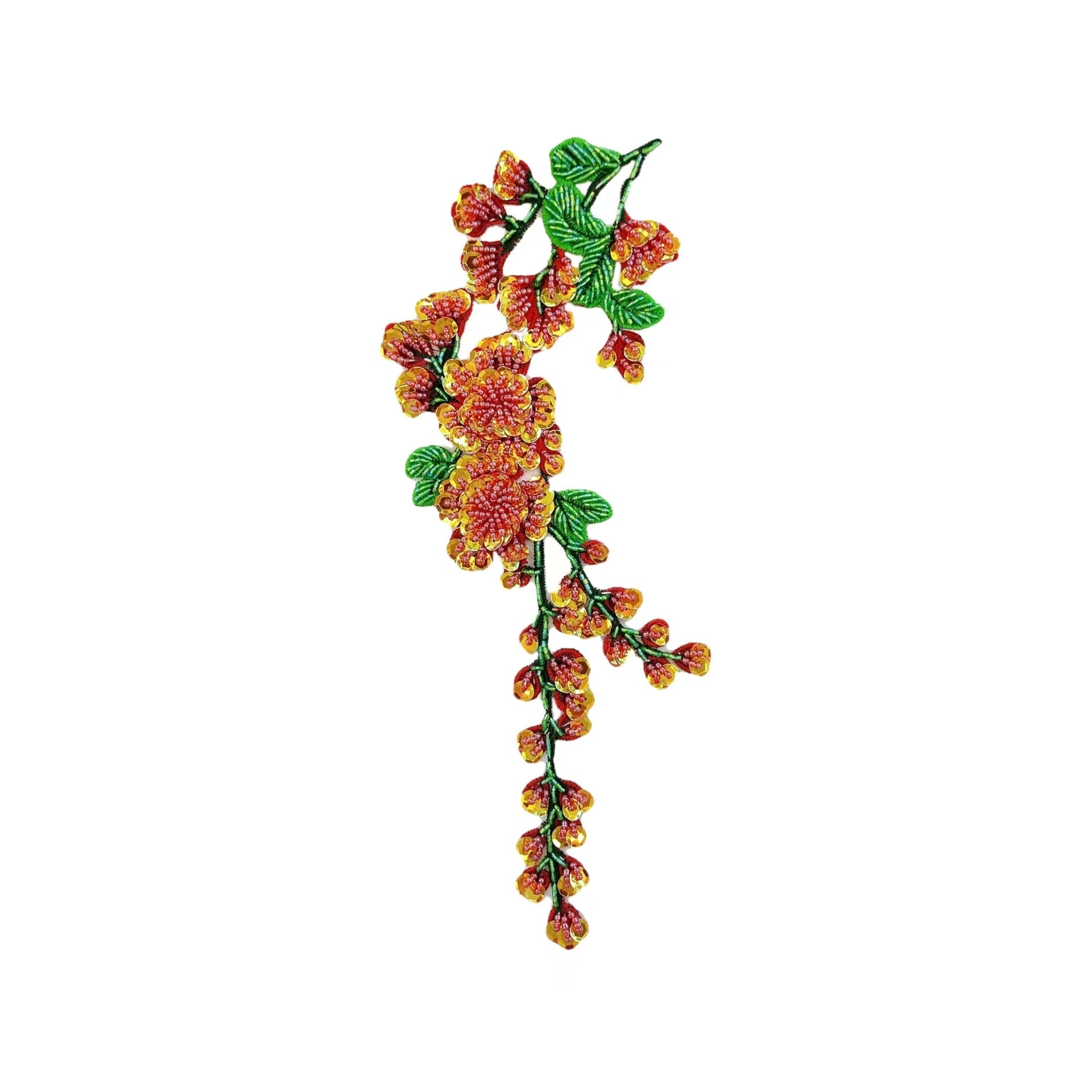 Red-and-yellow plum blossom embroidered applique with green leaves and hanging vine flowers