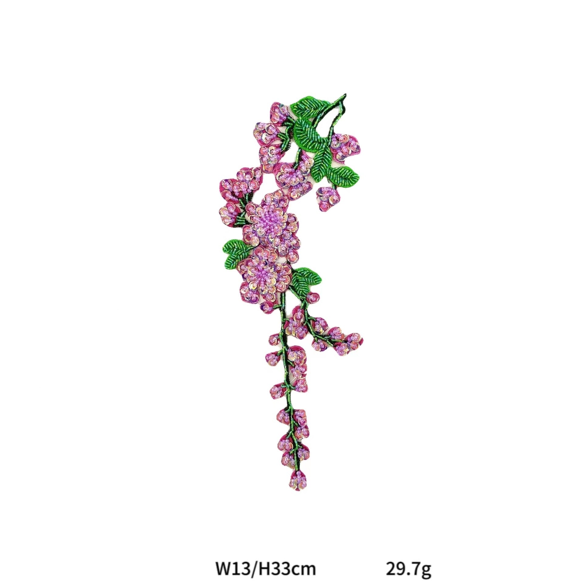 Purple plum blossom water-soluble embroidered applique with green leaves and tassel ends