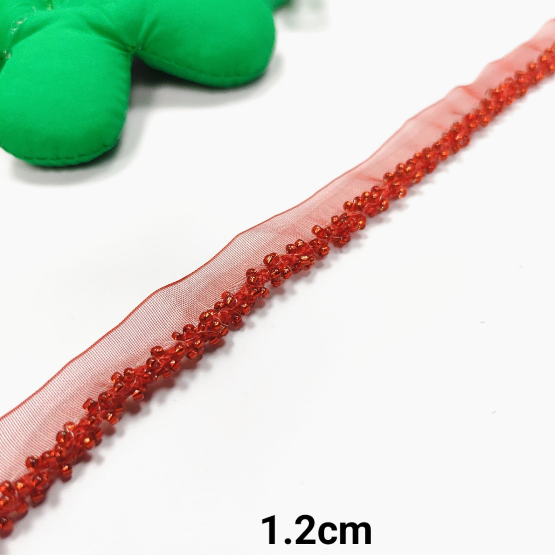 Crystal-encrusted lace ribbon with pearl-like beads; red; 1.2cm wide