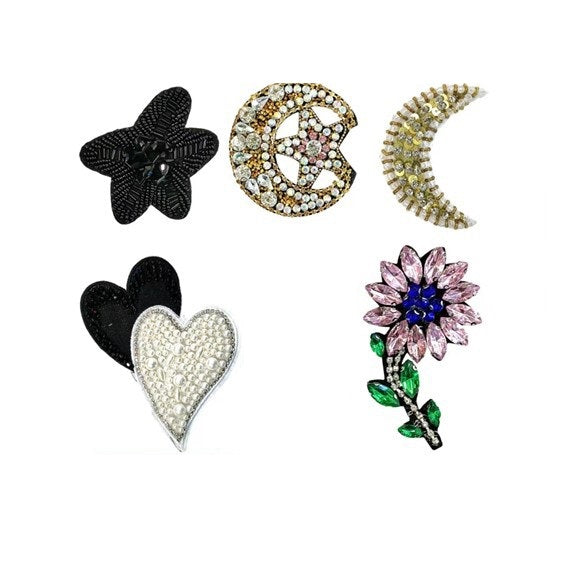5-pack fabric patches with 3D gems: black star, jeweled moon, heart, pink flower, dark star