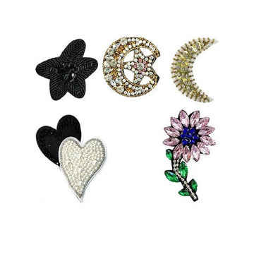 5-pack fabric patches with 3D gems: black star, jeweled moon, heart, pink flower, dark star